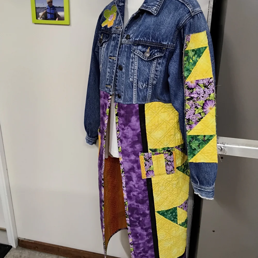 American Eagle Outfitters Patchwork Denim Jacket with Purple and Yellow Accents - Picture 7 of 8